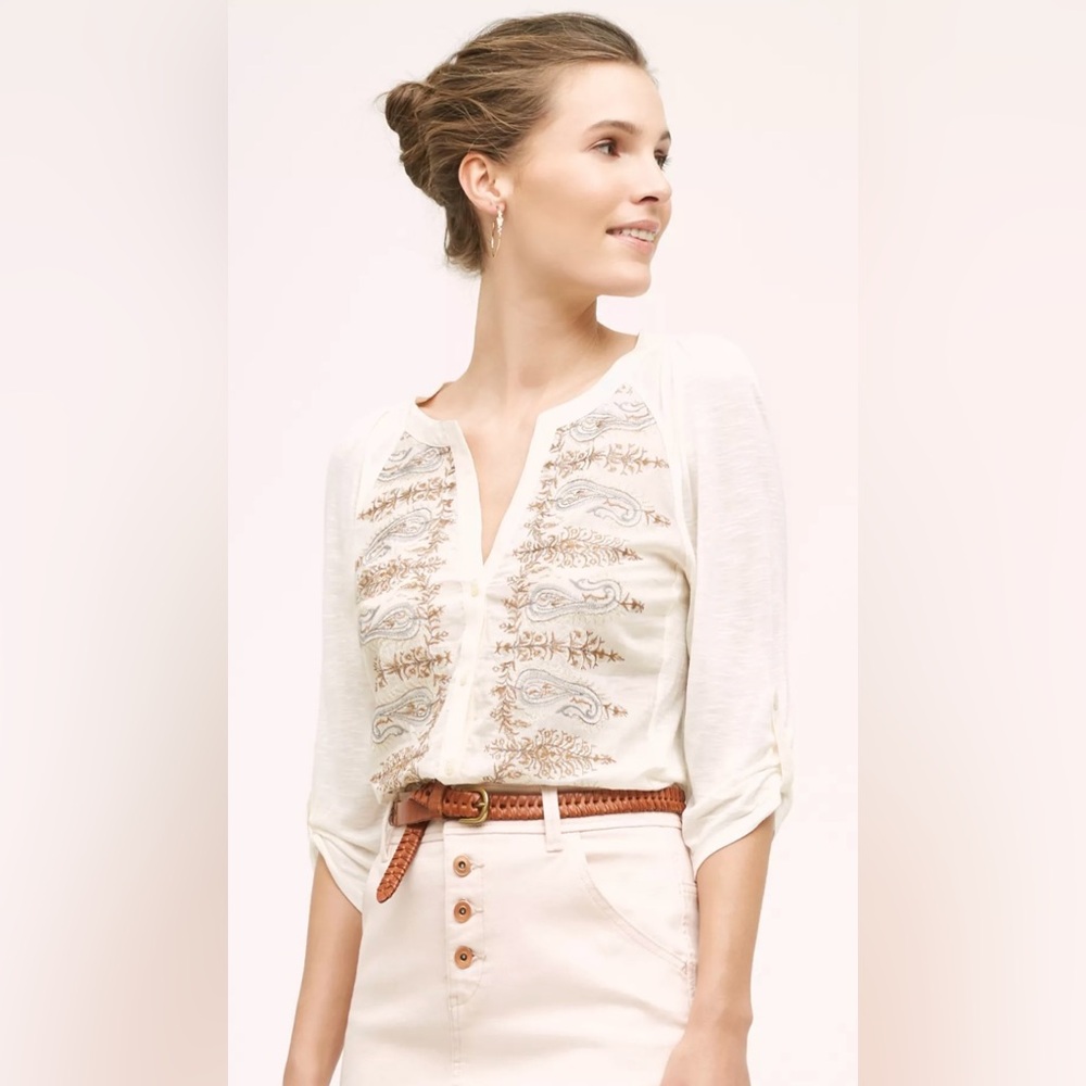 Anthropologie Tiny Women’s S Shimmered Eden Button Down Paisley Embroidered Top